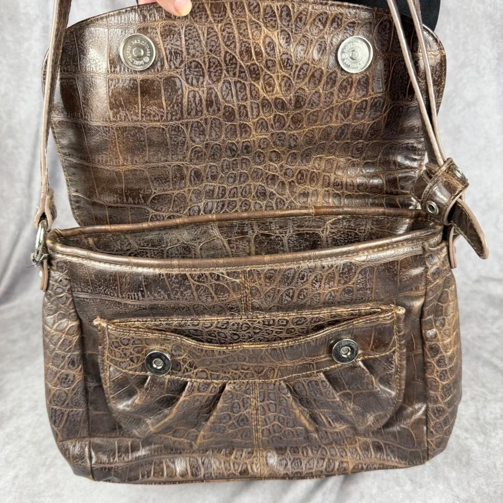 Vtg Y2K Nine West Brown Croc Embossed Faux Leather Purse Crossbody Silver Tonr